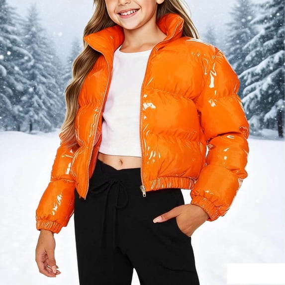 BRGZLK Kids Winter Coats Short Style Hoodless Light Casual Sports Warm Fashion Long Sleeved Padded Coat for Girls Boys Orange 1-2 Years