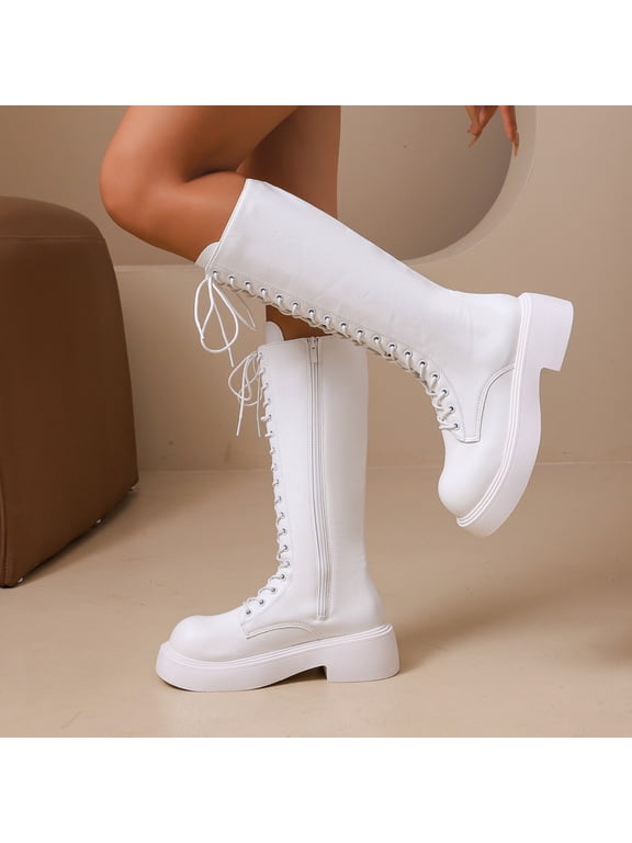 Knee High Boots for Women Fall Winter Vintage Round ToeCasual Solid Color Lace Up Combat Booties with Side Zipper Riding Boot for Riding White 39