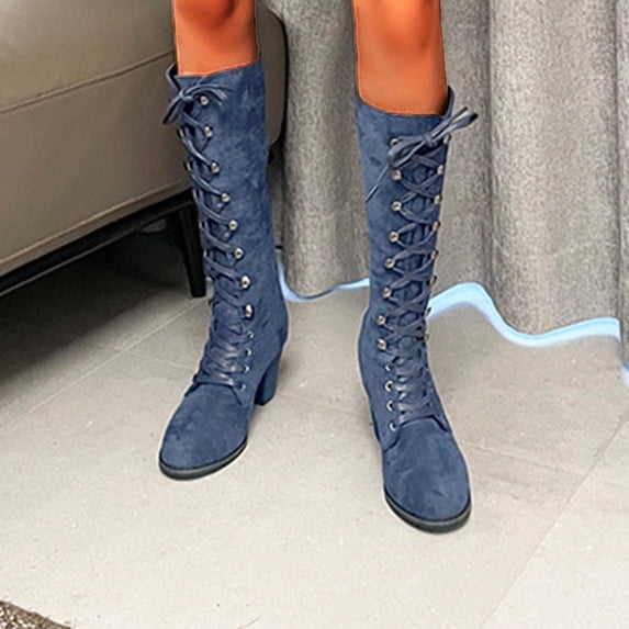 BRGZLK Knee High Boots for Women Winter Stylish Vintage Lace Up Mid-Calf Boots Renaissance Costume Shoes Witch Granny Booties 2026 Blue 36