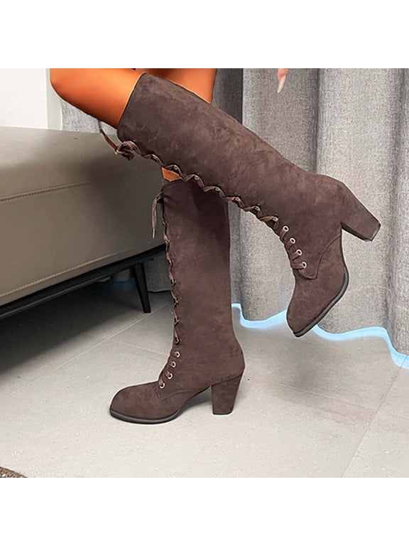 Knee High Boots for Women Winter Stylish Vintage Lace Up Mid-Calf Boots Renaissance Costume Shoes Witch Granny Booties 2026 Coffee 41