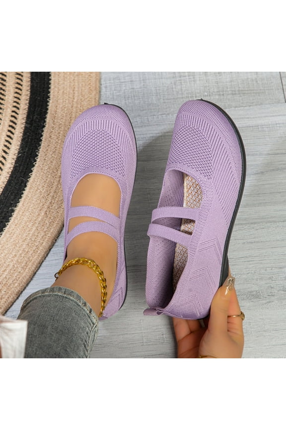Knit Flats for Women Summer Novel Trendy Solid Color Round Toe Ankle Strap Casual Ballet Flats Women Comfortable Dressy Office Soft Sloe Shoes Purple 7.5