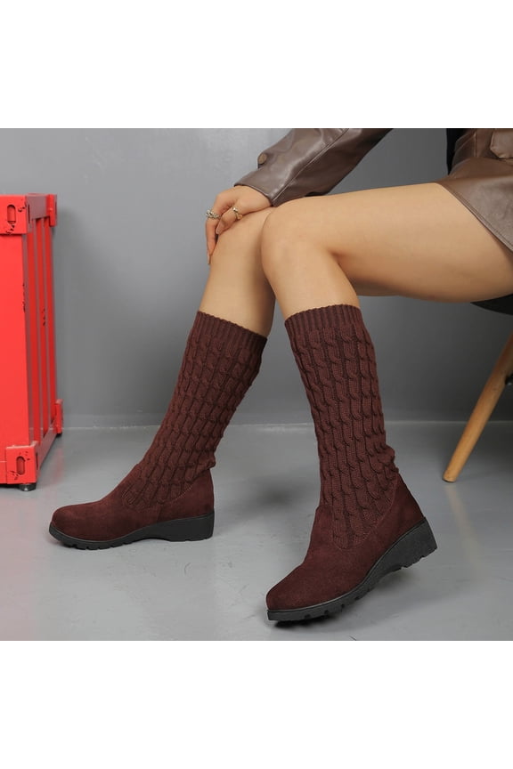 Knit Mesh Stretch Sock Boots for Women Casual Versatile Pull On Breathable Comfortable Flat Slim Fit High Knee Booties Trendy Fall Winter Boot Brown 42