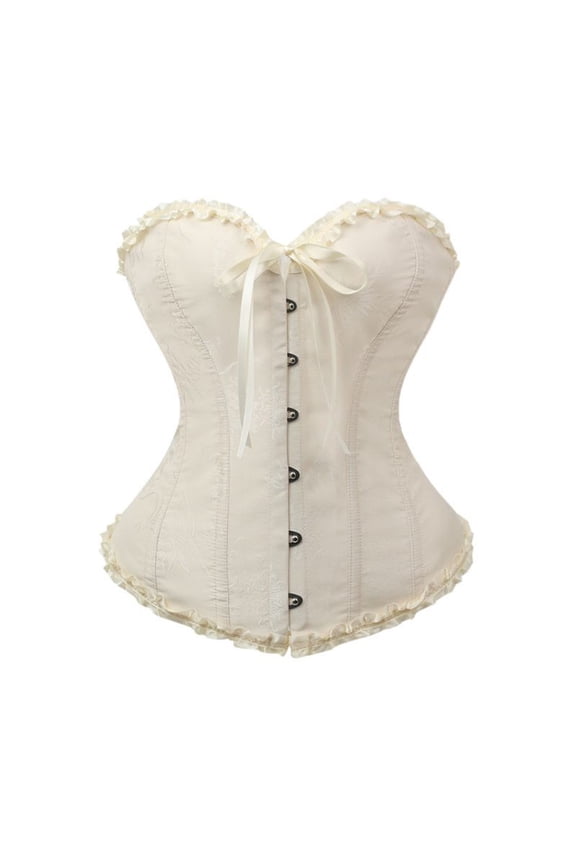 Lace Up Corset Tops for Women Trendy Ruffled Trim Bustier Corset Yoga Bodysuit Body Shaper Waist Trainer Belt Adjustable Overbust Shapewear Beige L