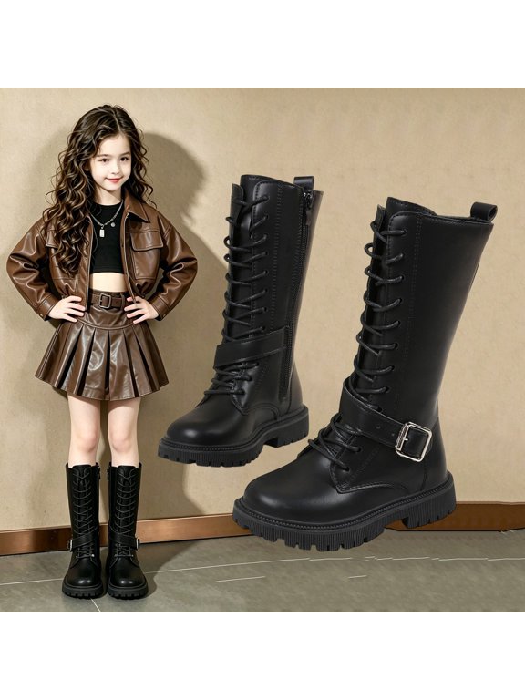 Lace Up Knee High Boots for Girls 2026 Fashion Comfortable Round Toe Low Heel Faux Leather Riding Boots Winter Waterproof Punk Goth Mid Calf Boot Black 9-9.5 Years