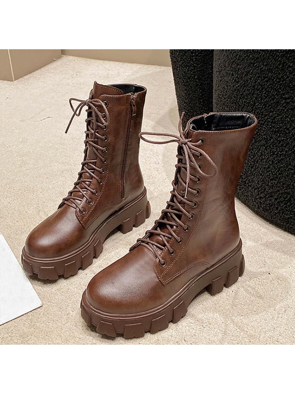 Lace Up Platform Mid Calf Boots for Women Winter Trendy Chunky Heel Lug Sole Side Zipper Motorcycle Booties PU Leather Punk Rock Street Footwear Brown 42