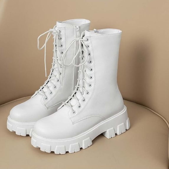 BRGZLK Lace Up Platform Mid Calf Boots for Women Winter Trendy Chunky Heel Lug Sole Side Zipper Motorcycle Booties PU Leather Punk Rock Street Footwear White 37