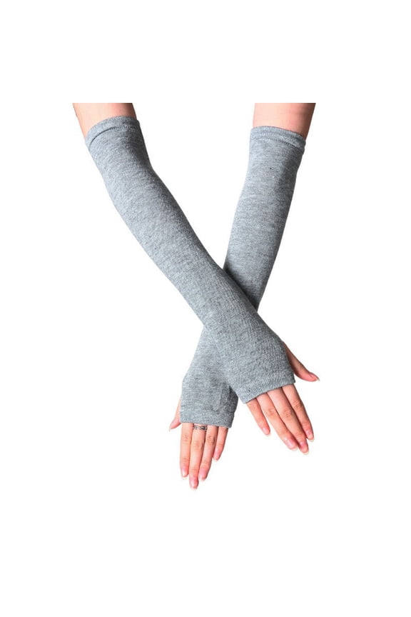 Ladies Stretchy Thumbhole Solid Color Fingerless Arm Warmers Cotton Long Gloves Party Costume Gloves Gray One Size
