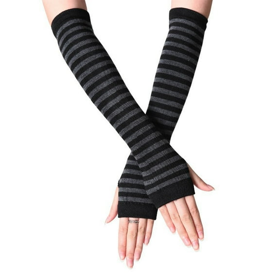 BRGZLK Ladies Stretchy Thumbhole Stripe Fingerless Arm Warmers Cotton Long Knitted Gloves Fashion Cozy Party Costume Gloves Dark Gray One Size