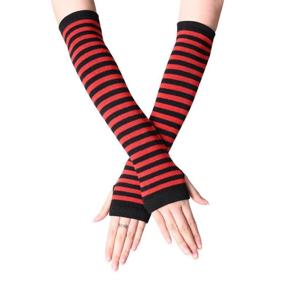 BRGZLK Ladies Stretchy Thumbhole Stripe Fingerless Arm Warmers Cotton Long Knitted Gloves Fashion Cozy Party Costume Gloves Red One Size