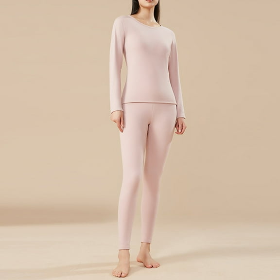 BRGZLK Ladis Thermal Underwear Solid Color Long Sleeve Slim Fit Warm Underwear Set Round Neck Casual Fashion Loungewear Set for Adult Pink M
