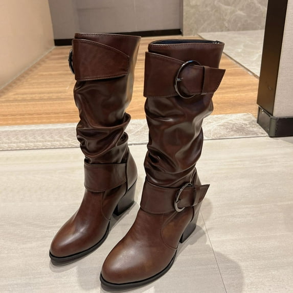 BRGZLK Leather Face High Boots Thick Heels High Heels Belt Buckles Women's Boots Fashionable Knight Boots