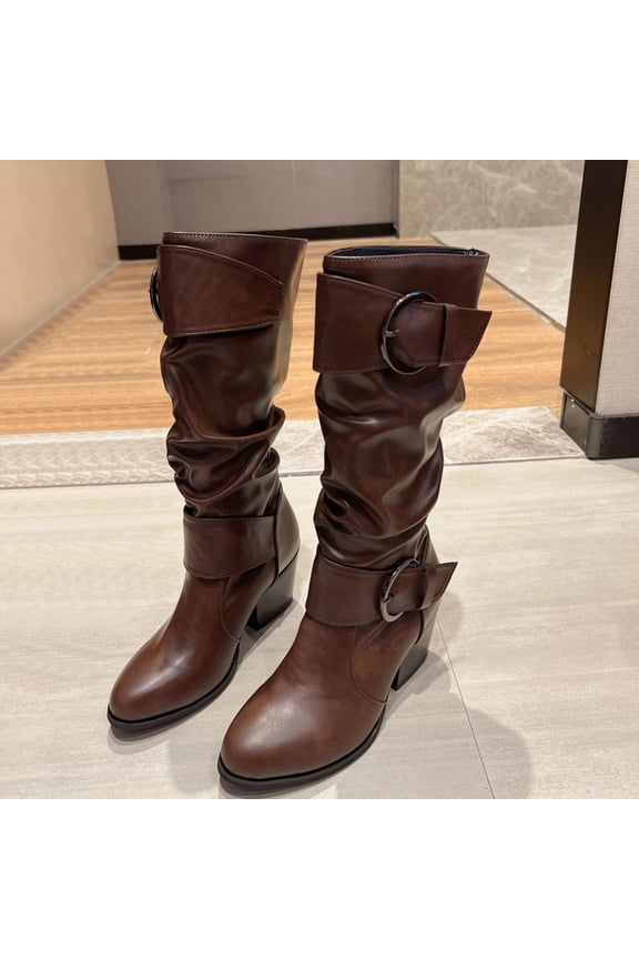 Leather Face High Boots Thick Heels High Heels Belt Buckles Women's Boots Fashionable Knight Boots