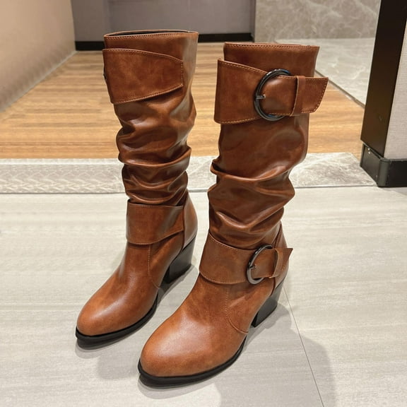 BRGZLK Leather Face High Boots Thick Heels High Heels Belt Buckles Women's Boots Fashionable Knight Boots