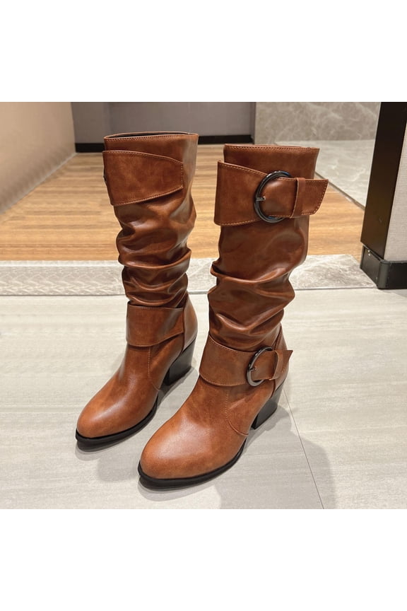 Leather Face High Boots Thick Heels High Heels Belt Buckles Women's Boots Fashionable Knight Boots