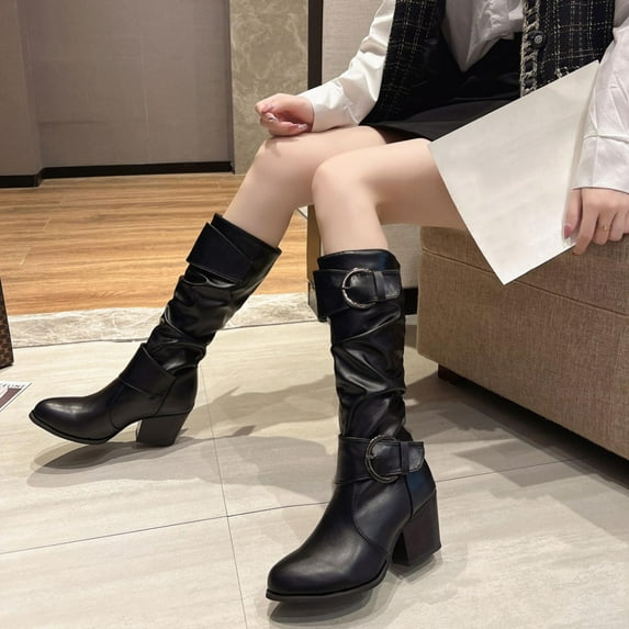 BRGZLK Leather Face High Boots Thick Heels High Heels Belt Buckles Women's Boots Fashionable Knight Boots