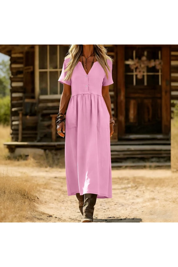 Linen Dresses for Women Casual Solid Color V-Neck Elegant Long Fitted Dress Button-Down Loose Breathable Flowy Hemlines Beach Vacation Midi Dress with Pockets Pink XXL