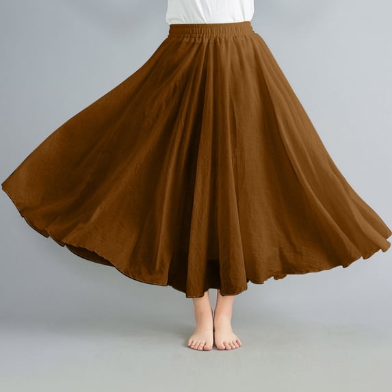 BRGZLK Linen Pleated Skirt for Womens Solid Color Smmer Casual Trendy Elastic High Waist Swing Boho Shirring Pleated A Line Maxi Long Skirt Brown Free Size