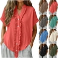 thumbnail image 1 of BRGZLK Linen Shirts For Women Short Sleeve Shirts Summer Solid Color Fashion V Neck Ruffle Cotton Casual Loose Button Tunic Blouses, 1 of 6