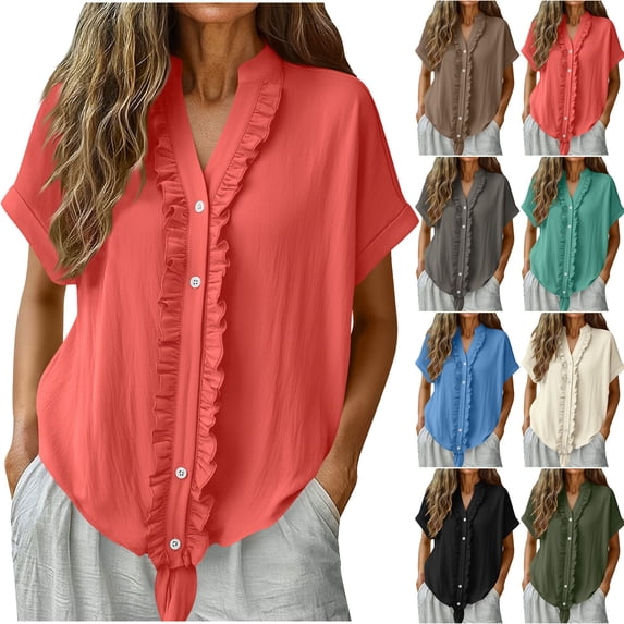 BRGZLK Linen Shirts For Women Short Sleeve Shirts Summer Solid Color Fashion V Neck Ruffle Cotton Casual Loose Button Tunic Blouses