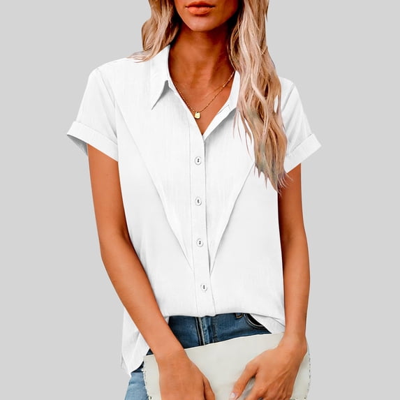 BRGZLK Linen Shirts for Women Spring Summer Trendy Loose Fit Breathable Button Down Short Sleeve Work Casual Business Blouses White L