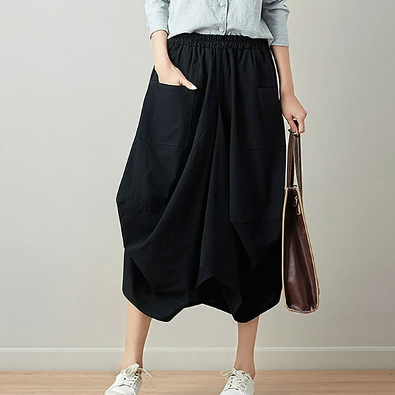 BRGZLK Linen Skirts for Women Summer Trendy Novelty Elastic Waist Solid Color Loose Plus Size Baggy Lantern Skirt with Pocket Black Free Size