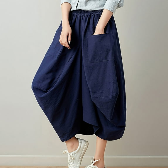 BRGZLK Linen Skirts for Women Summer Trendy Novelty Elastic Waist Solid Color Loose Plus Size Baggy Lantern Skirt with Pocket Navy Free Size