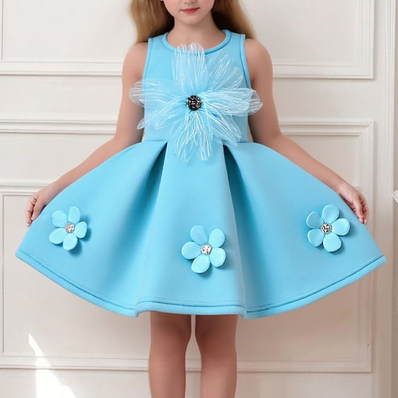 BRGZLK Little Girl Dresses Summer Fashion Solid Color Sleeveless Round Neck 3D Floral High Waist Puffy Skirt Girls Princess Dress Casual Cute Holiday Light Blue 12-18 Months