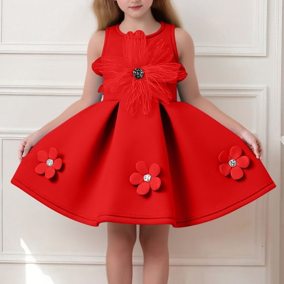 BRGZLK Little Girl Dresses Summer Fashion Solid Color Sleeveless Round Neck 3D Floral High Waist Puffy Skirt Girls Princess Dress Casual Cute Holiday Red 9-12 Months