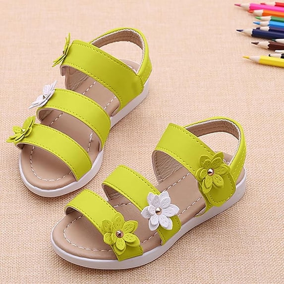 BRGZLK Little Girls Closed Toe Sandals Summer Solid Color Soft Sole Flower Princess Flat Shoes Casual Hook and Loop Comfortable Breathable Toddler Sandals Yellow 4-5 Years