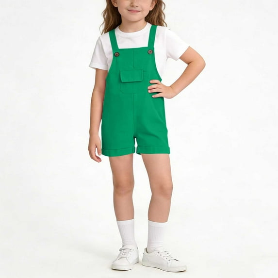 BRGZLK Little Girls Overall Shorts Kids Summer Solid Color Casual Fashion Comfortable Roll Up Adjustable Strap Wide Leg Rompers with Pockets Green 3-4 Years