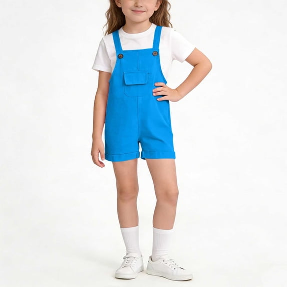 BRGZLK Little Girls Overall Shorts Kids Summer Solid Color Casual Fashion Comfortable Roll Up Adjustable Strap Wide Leg Rompers with Pockets Light Blue 3-4 Years