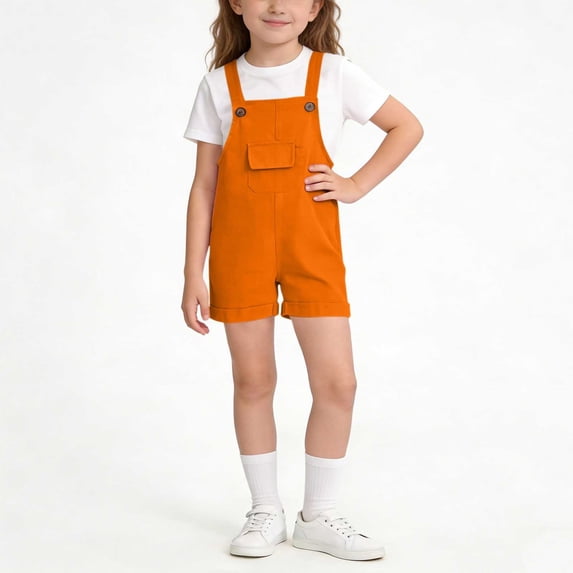 BRGZLK Little Girls Overall Shorts Kids Summer Solid Color Casual Fashion Comfortable Roll Up Adjustable Strap Wide Leg Rompers with Pockets Orange 11-12 Years