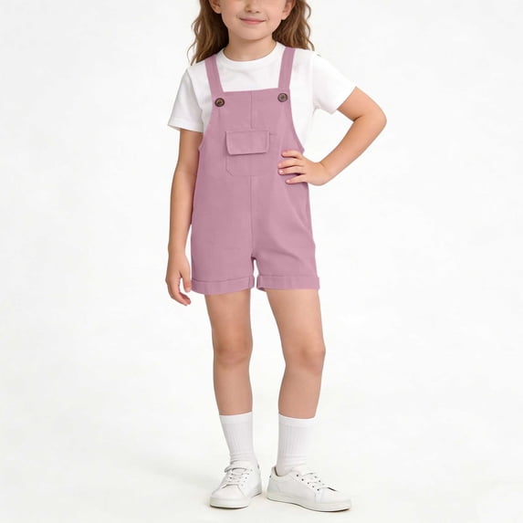 BRGZLK Little Girls Overall Shorts Kids Summer Solid Color Casual Fashion Comfortable Roll Up Adjustable Strap Wide Leg Rompers with Pockets Purple 12-13 Years