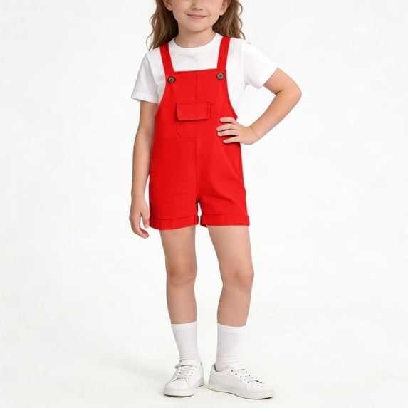 BRGZLK Little Girls Overall Shorts Kids Summer Solid Color Casual Fashion Comfortable Roll Up Adjustable Strap Wide Leg Rompers with Pockets Red 2-3 Years