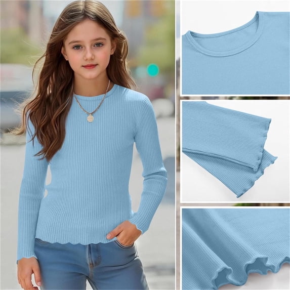 BRGZLK Little Girls Ribbed Long Sleeve Shirts Casual Fashion Solid Color Soft Comfy Lightweight Round Neck Lettuce Trim Slim Fit Basic Pullover Tee Shirt Blue 9-10 Years