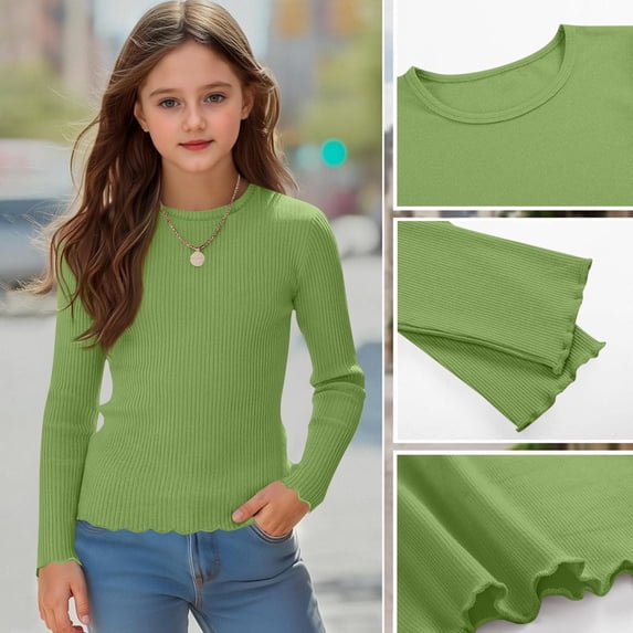 BRGZLK Little Girls Ribbed Long Sleeve Shirts Casual Fashion Solid Color Soft Comfy Lightweight Round Neck Lettuce Trim Slim Fit Basic Pullover Tee Shirt Green 11-12 Years