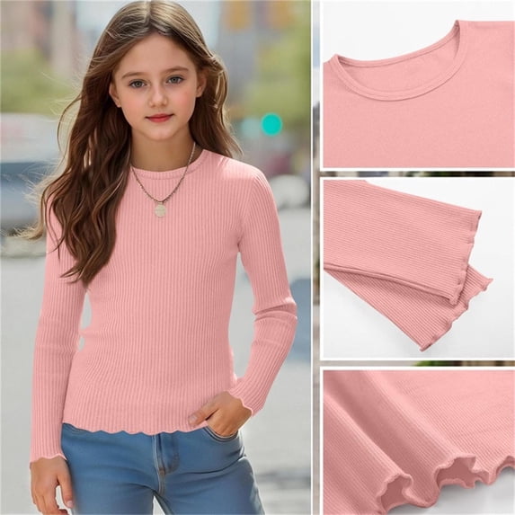 BRGZLK Little Girls Ribbed Long Sleeve Shirts Casual Fashion Solid Color Soft Comfy Lightweight Round Neck Lettuce Trim Slim Fit Basic Pullover Tee Shirt Pink 9-10 Years