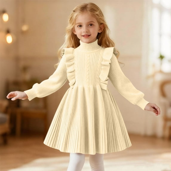 BRGZLK Little Girls Solid Color Long Sleeve Sweater Dress Girl Knitting Warm Princess Dress Trendy Casual Comfort Jumpsuit Skirt Beige 7-8 Years