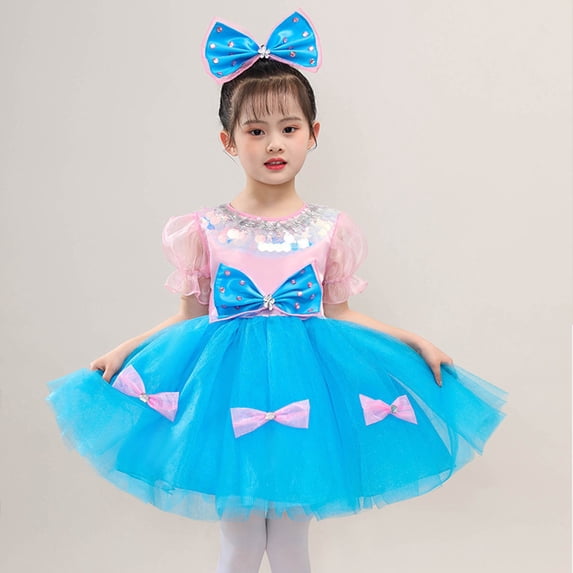 BRGZLK Little Girls Tulle Tutu Dress Puff Sleeve Bow Mesh Skirt Performance Skirt Girl Short Sleeve Dance Skirt Casual Spring Summer Clothes Light Blue 12-13 Years