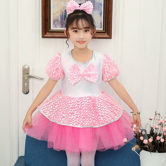BRGZLK Little Girls Tulle Tutu Dress Puff Sleeve Bow Mesh Skirt Performance Skirt Girl Short Sleeve Dance Skirt Casual Spring Summer Clothes Pink A 4-5 Years