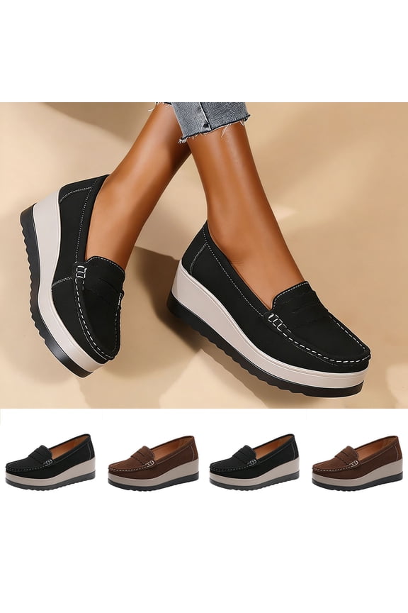 Loafers For Women Casual Versatile Thick Soled Sponge Sole Plus Size Shoes Suede Chunky Slip On Shoes with Non-Slip Comfort Wedge Sole For Walking
