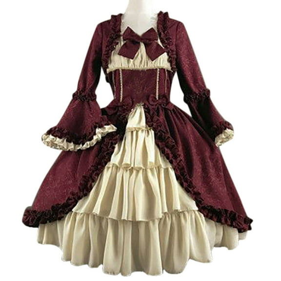 BRGZLK Lolita Dress for Women Vintage Gothic Court Collar Patchwork Bow Dress Long Sleeve Layered Elegant A Line Cocktail Party Dresses Wine XXXL