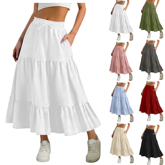 BRGZLK Long Beach Skirts For Women Summer Solid Color Casual Elastic High Waisted Flowy Tiered Vacation Maxi Skirt with Pockets