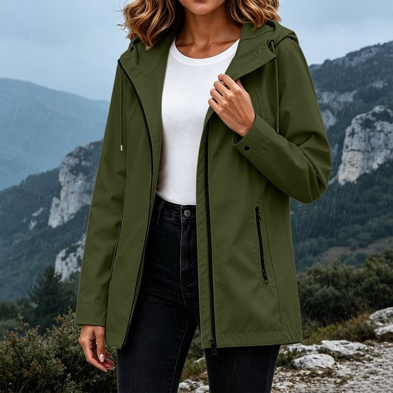 BRGZLK Long Rain Jacket for Women Zip Up Lightweight Waterproof Raincoat with Hood Outdoor Windbreaker Trench Coats with Pockets for Hiking Travel Army Green S