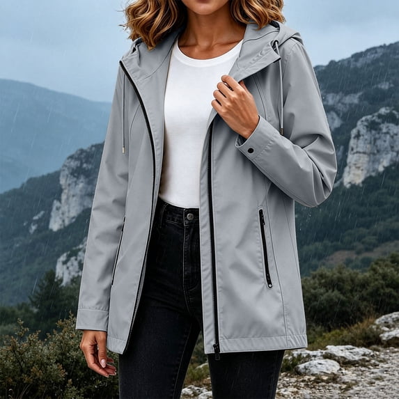 BRGZLK Long Rain Jacket for Women Zip Up Lightweight Waterproof Raincoat with Hood Outdoor Windbreaker Trench Coats with Pockets for Hiking Travel Gray XL