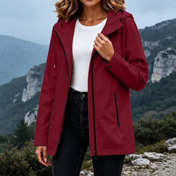 BRGZLK Long Rain Jacket for Women Zip Up Lightweight Waterproof Raincoat with Hood Outdoor Windbreaker Trench Coats with Pockets for Hiking Travel Wine S