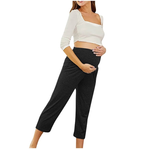 BRGZLK Maternity Capri Pants Spring Summer Casual Fashion Solid Color Lightweight High Waist Loose Stretchy Comfort Pregnancy Pants Black M