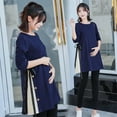 thumbnail image 1 of BRGZLK Maternity Cotton Tops for Women Casual Round Neck Color Block Long Sleeve Maternity Wear Loose Side Gussets Tops with Trendy Button and Tie Design for Spring Navy XL, 1 of 3