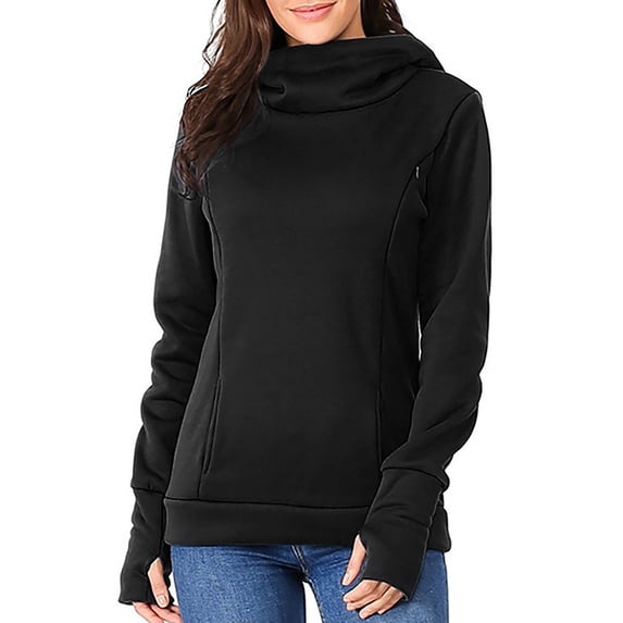 BRGZLK Maternity Cowl Neck Hoodie Tops Casual Fashion Solid Color Diagonal Zipper Long Sleeve Hoodie Pullover Blouse Black XL