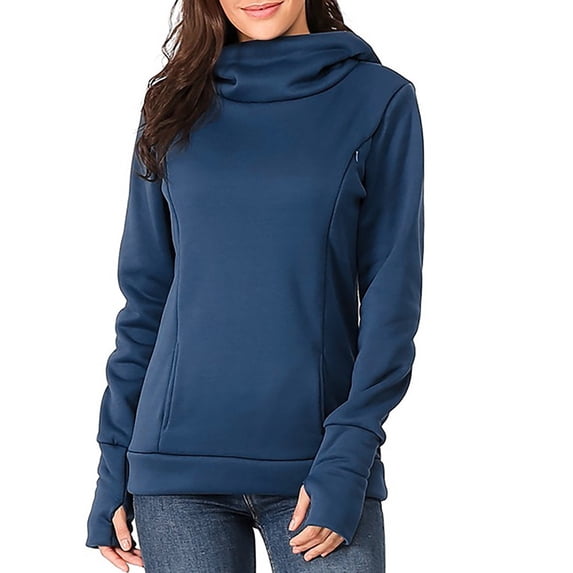 BRGZLK Maternity Cowl Neck Hoodie Tops Casual Fashion Solid Color Diagonal Zipper Long Sleeve Hoodie Pullover Blouse Blue L